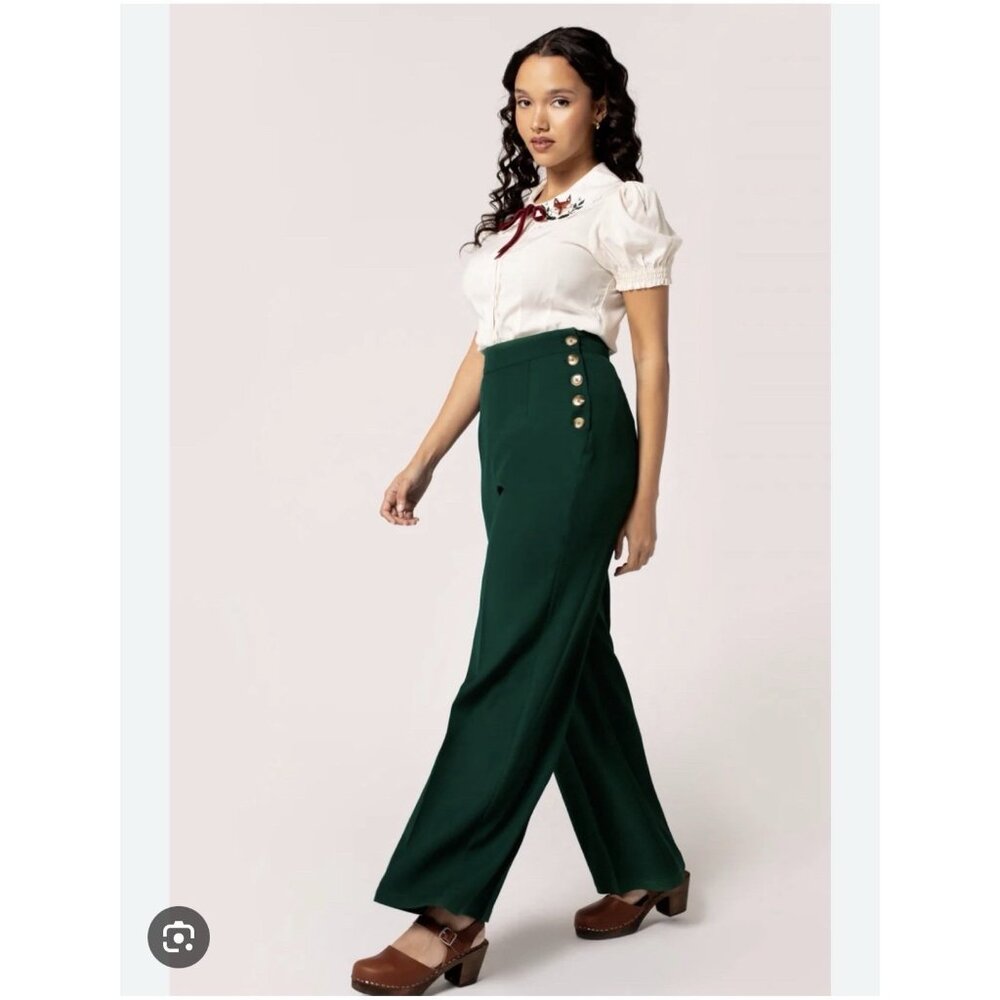 Hell Bunny Ginger Swing Trousers Green Olive Wide Leg Pants Medium UK12 E1